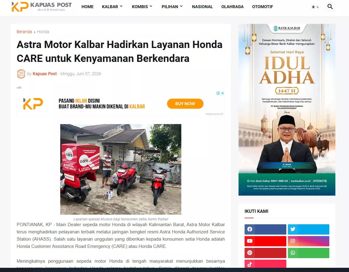 Astra Motor Kalbar Hadirkan Layanan Honda CARE untuk Kenyamanan Berkendara