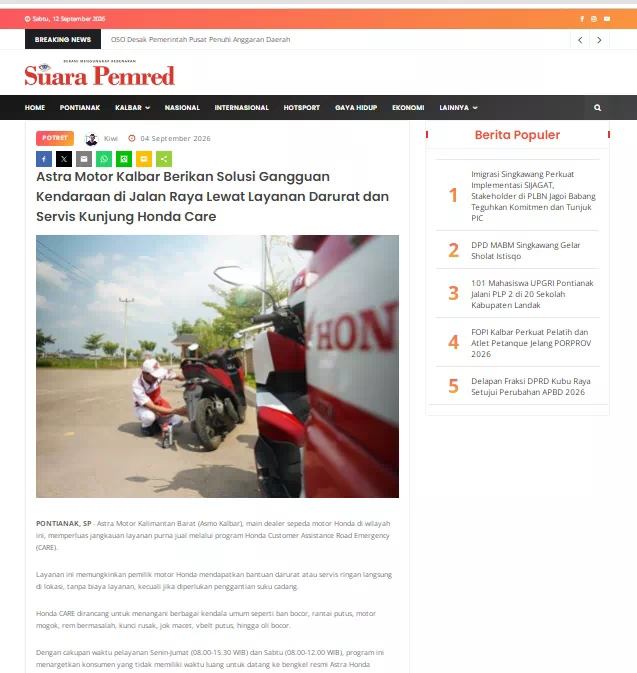 Astra Motor Kalbar Berikan Solusi Gangguan Kendaraan di Jalan Raya Lewat Layanan Darurat dan Servis Kunjung Honda Care