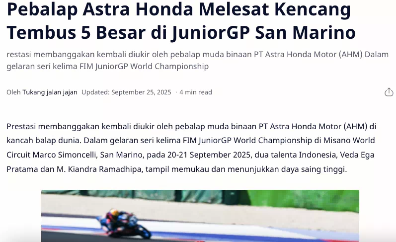 Pebalap Astra Honda Melesat Kencang Tembus 5 Besar di JuniorGP San Marino