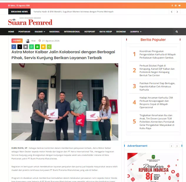 Astra Motor Kalbar Jalin Kolaborasi dengan Berbagai Pihak, Servis Kunjung Berikan Layanan Terbaik