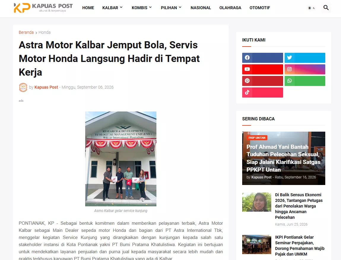 Astra Motor Kalbar Jemput Bola, Servis Motor Honda Langsung Hadir di Tempat Kerja