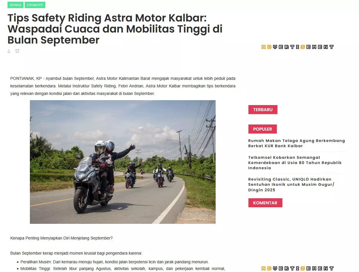 Tips Safety Riding Astra Motor Kalbar: Waspadai Cuaca dan Mobilitas Tinggi di Bulan September