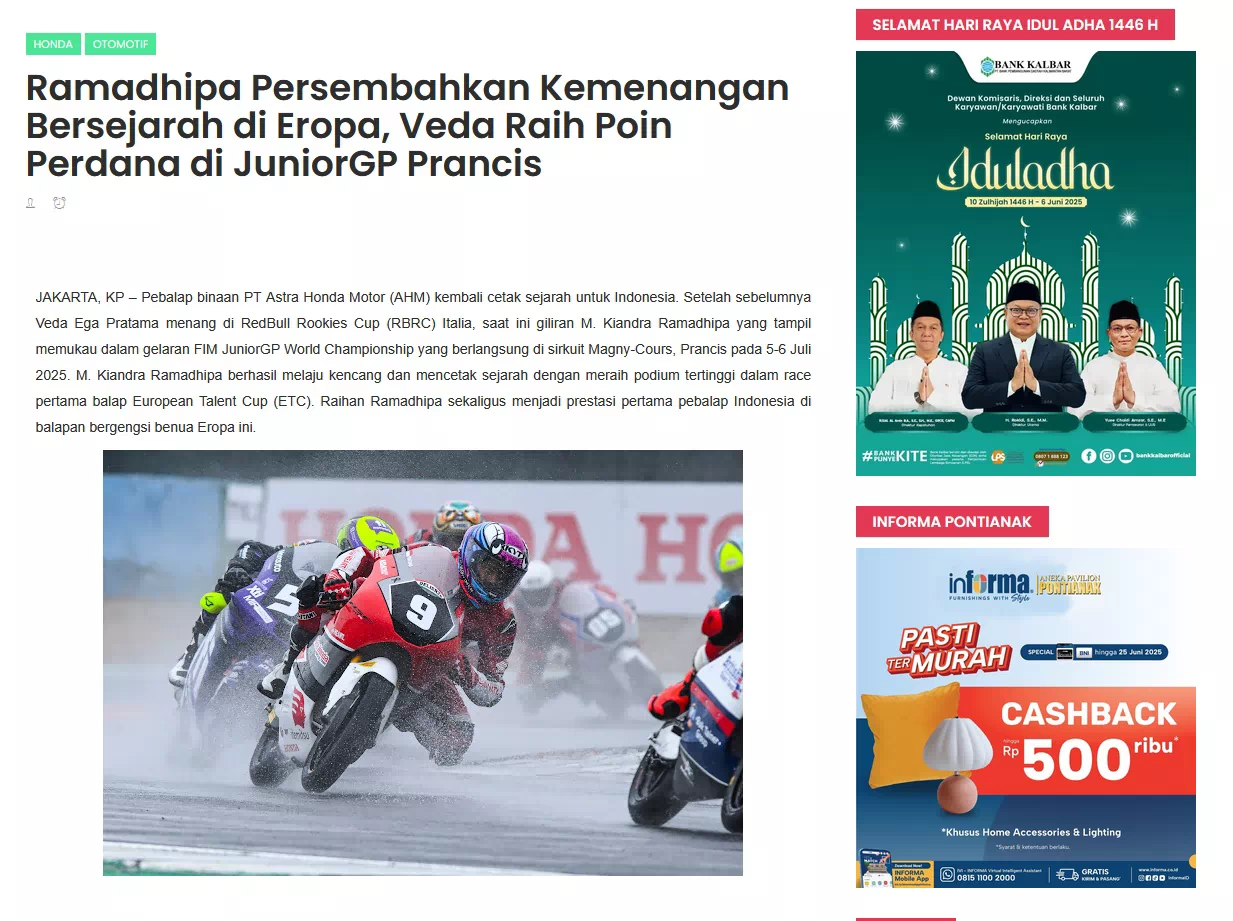 Ramadhipa Persembahkan Kemenangan Bersejarah di Eropa, Veda Raih Poin Perdana di JuniorGP Prancis