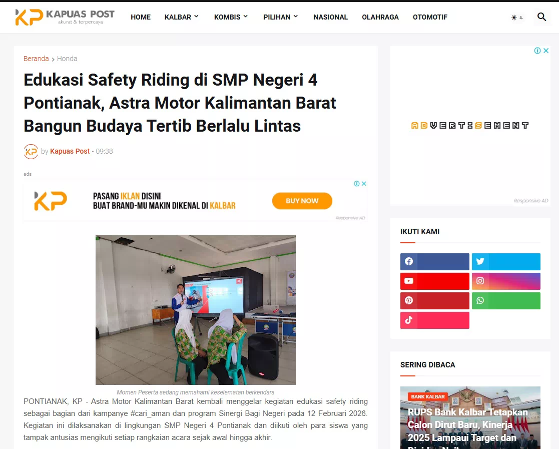 Edukasi Safety Riding di SMP Negeri 4 Pontianak, Astra Motor Kalimantan Barat Bangun Budaya Tertib Berlalu Lintas