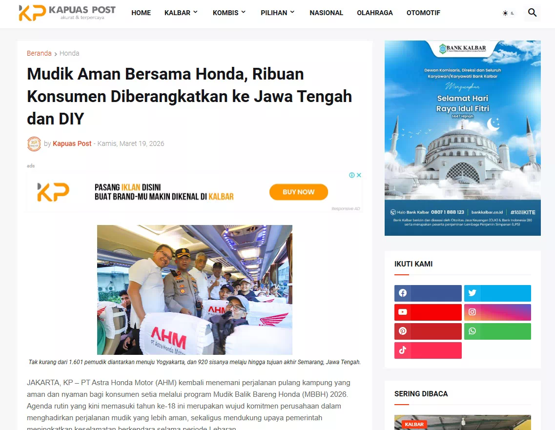Mudik Aman Bersama Honda, Ribuan Konsumen Diberangkatkan ke Jawa Tengah dan DIY