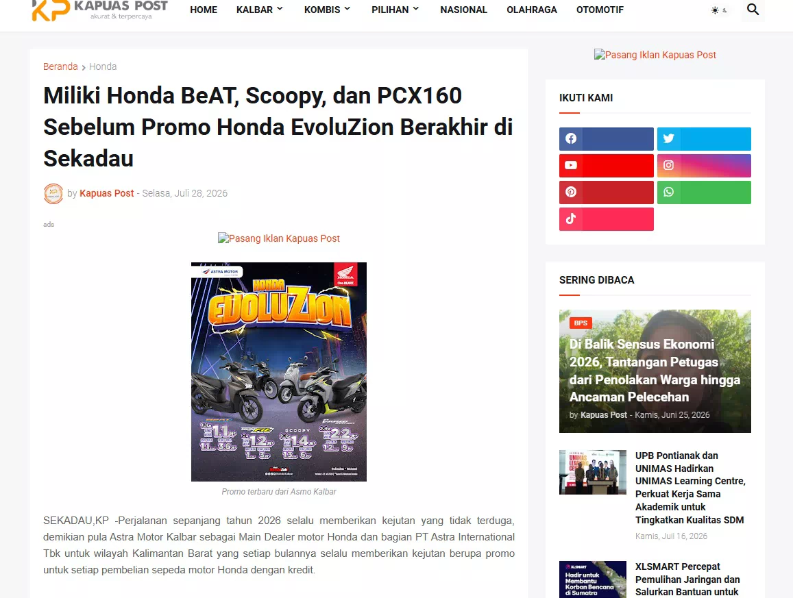 Miliki Honda BeAT, Scoopy, dan PCX160 Sebelum Promo Honda EvoluZion Berakhir di Sekadau