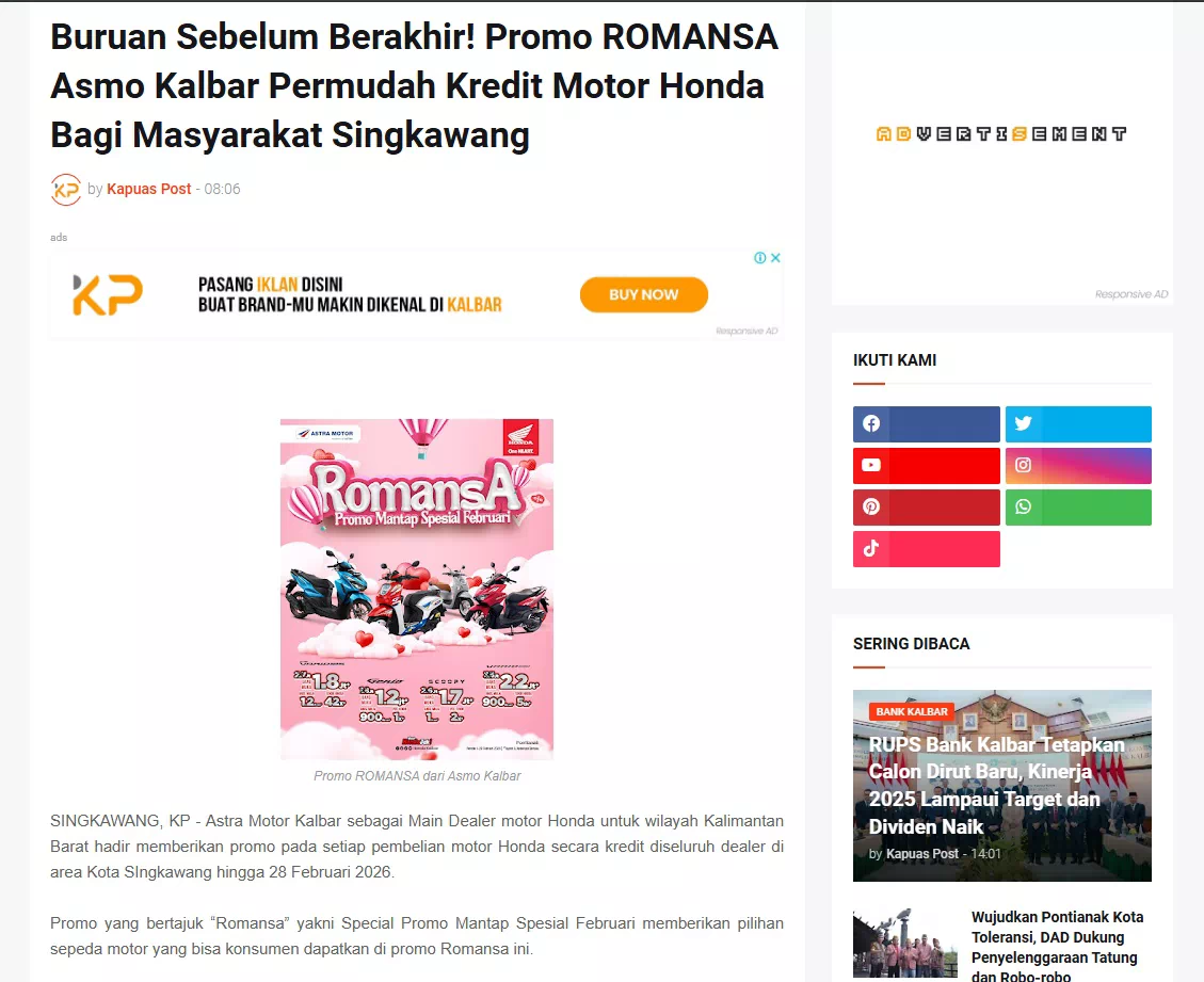 Buruan Sebelum Berakhir! Promo ROMANSA Asmo Kalbar Permudah Kredit Motor Honda Bagi Masyarakat Singkawang