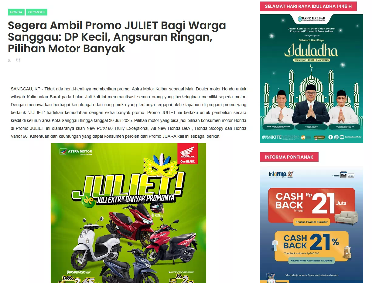 Segera Ambil Promo JULIET Bagi Warga Sanggau: DP Kecil, Angsuran Ringan, Pilihan Motor Banyak