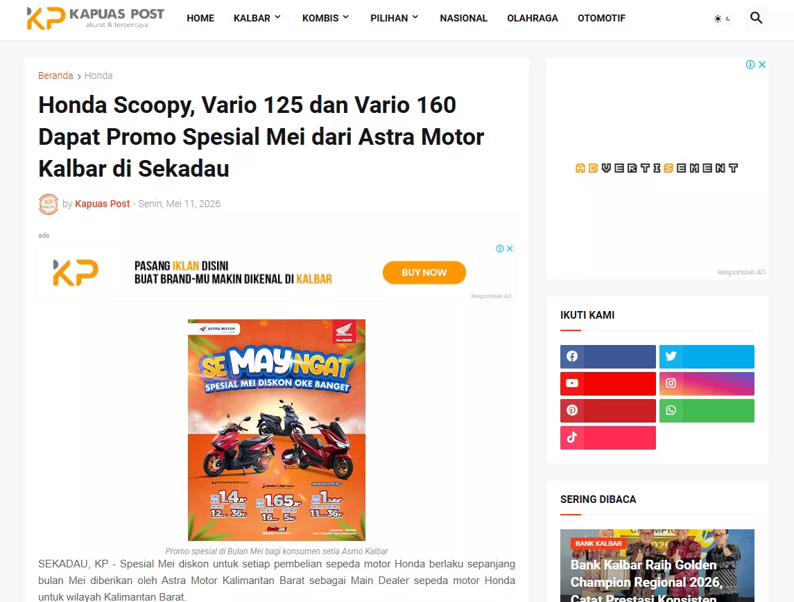 Honda Scoopy, Vario 125 dan Vario 160 Dapat Promo Spesial Mei dari Astra Motor Kalbar di Sekadau