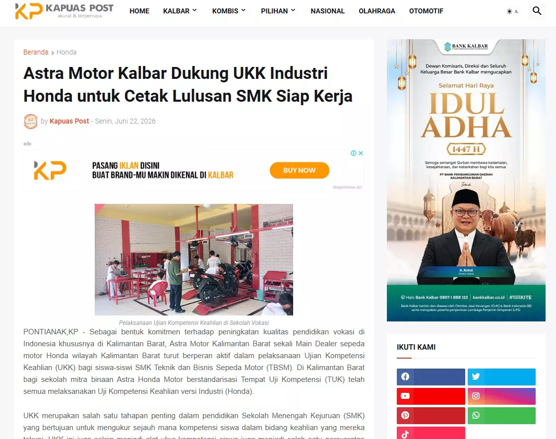 Astra Motor Kalbar Dukung UKK Industri Honda untuk Cetak Lulusan SMK Siap Kerja