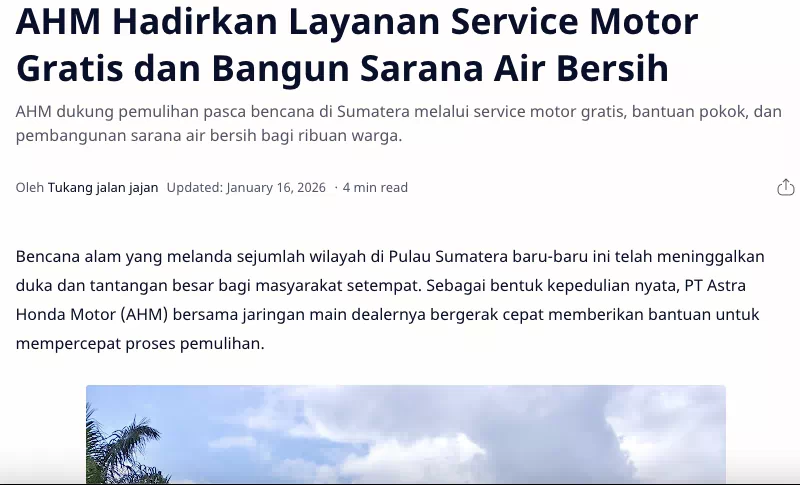 Dukung Pemulihan Bencana di Sumatera, AHM Hadirkan Layanan Service Motor Gratis dan Bangun Sarana Air Bersih