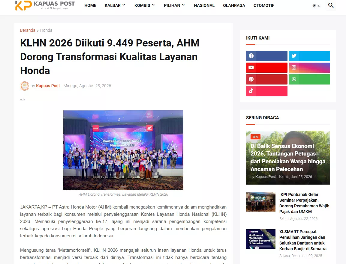 KLHN 2026 Diikuti 9.449 Peserta, AHM Dorong Transformasi Kualitas Layanan Honda