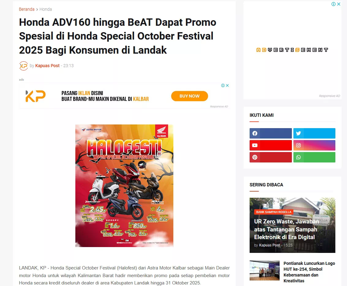 Honda ADV160 hingga BeAT Dapat Promo Spesial di Honda Special October Festival 2025 Bagi Konsumen di Landak