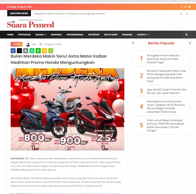 Bulan Merdeka Makin Seru! Astra Motor Kalbar Hadirkan Promo Honda Menguntungkan
