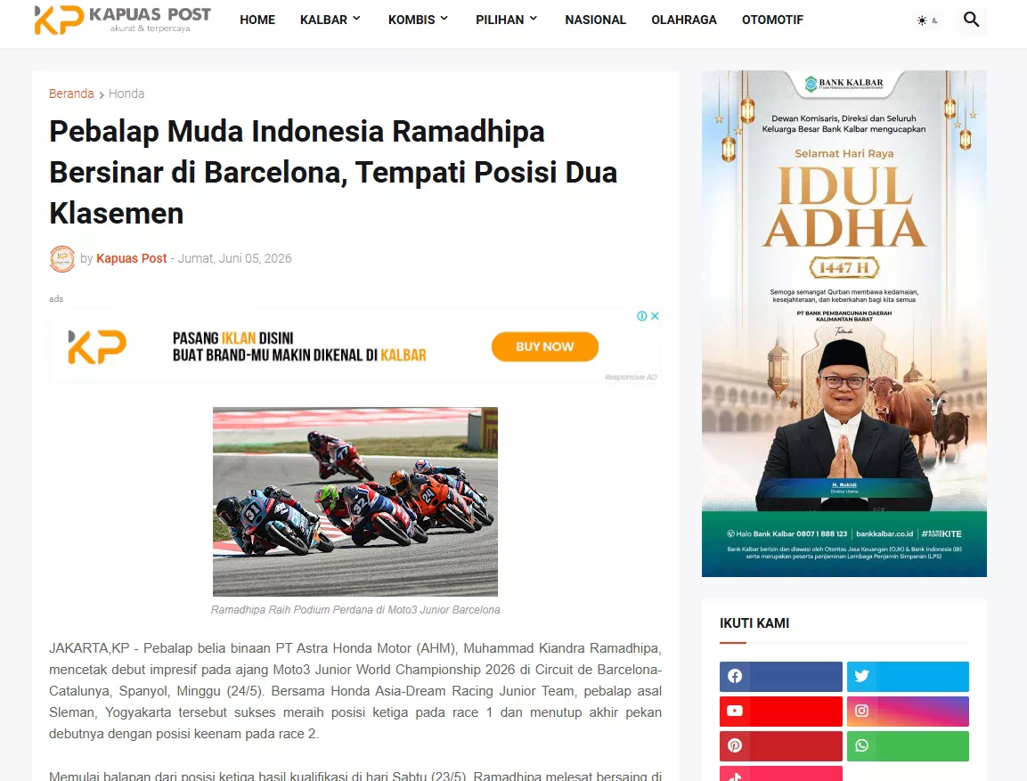 Pebalap Muda Indonesia Ramadhipa Bersinar di Barcelona, Tempati Posisi Dua Klasemen