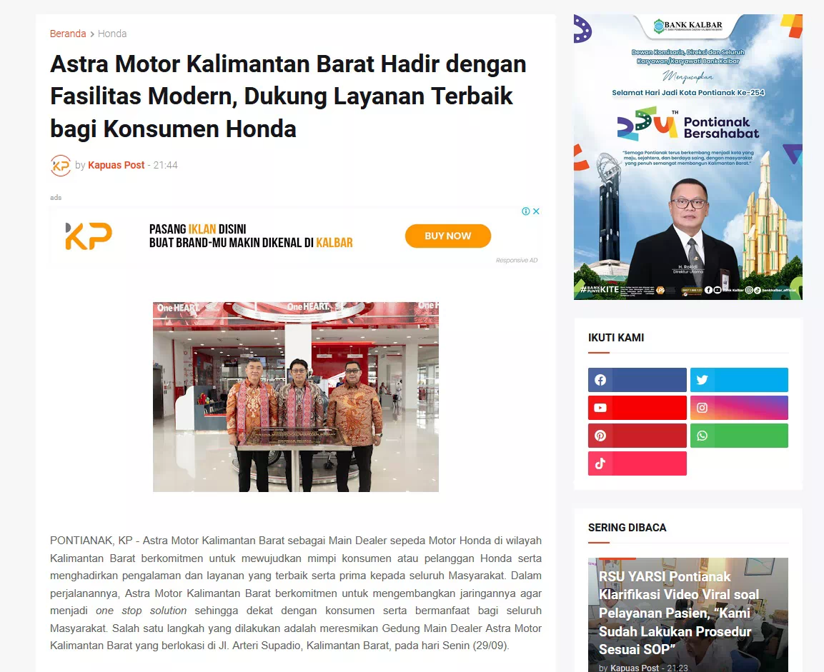 Astra Motor Kalimantan Barat Hadir dengan Fasilitas Modern, Dukung Layanan Terbaik bagi Konsumen Honda