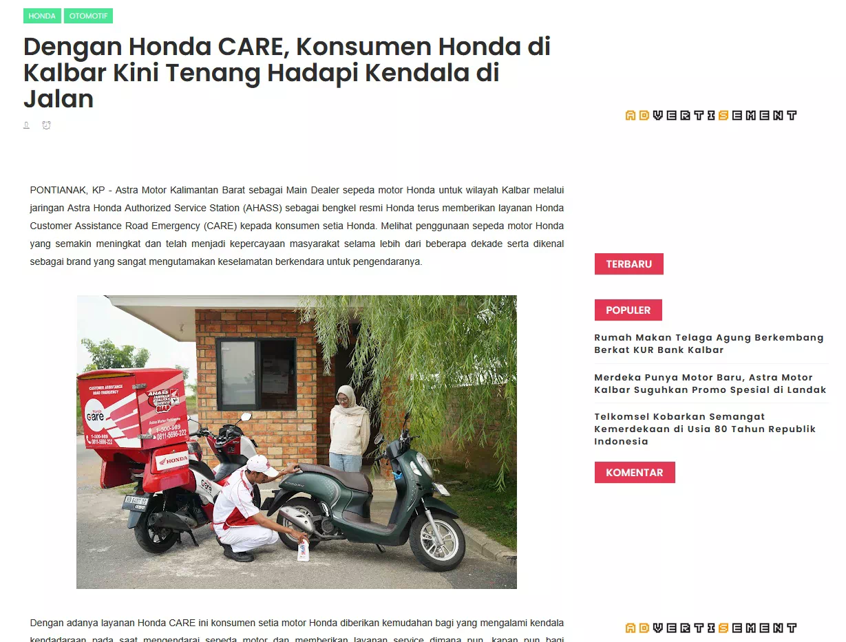Dengan Honda CARE, Konsumen Honda di Kalbar Kini Tenang Hadapi Kendala di Jalan