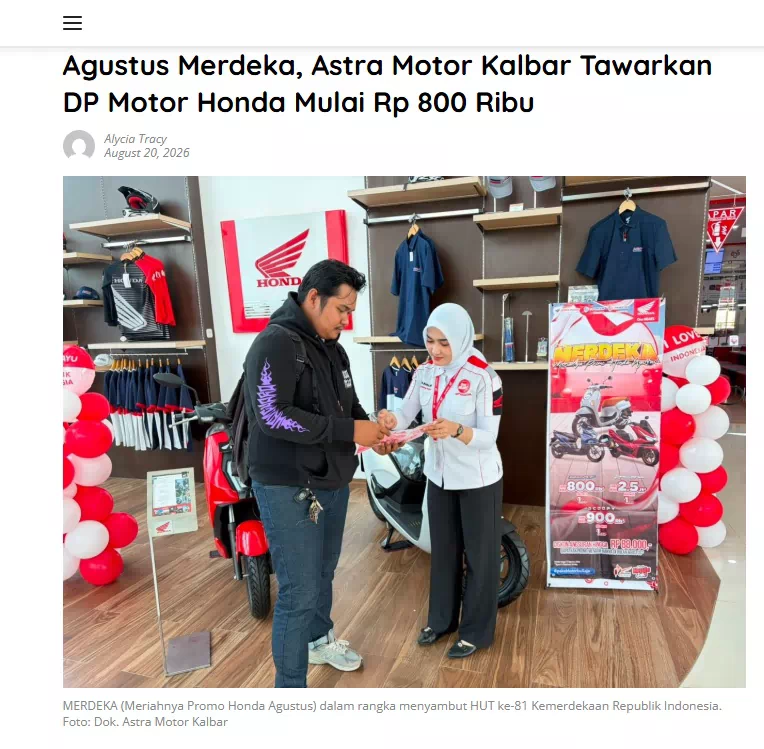 Agustus Merdeka, Astra Motor Kalbar Tawarkan DP Motor Honda Mulai Rp 800 Ribu