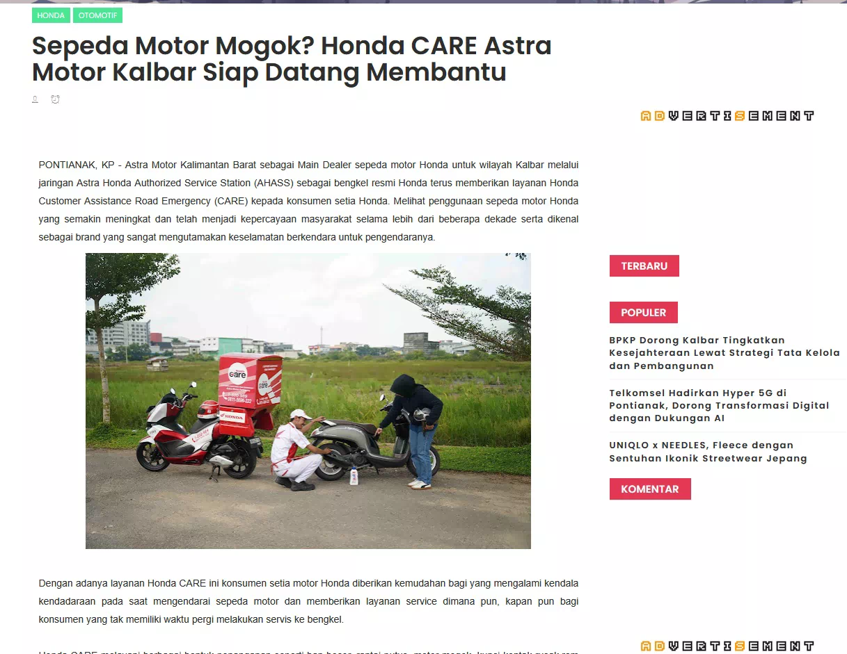 Sepeda Motor Mogok? Honda CARE Astra Motor Kalbar Siap Datang Membantu