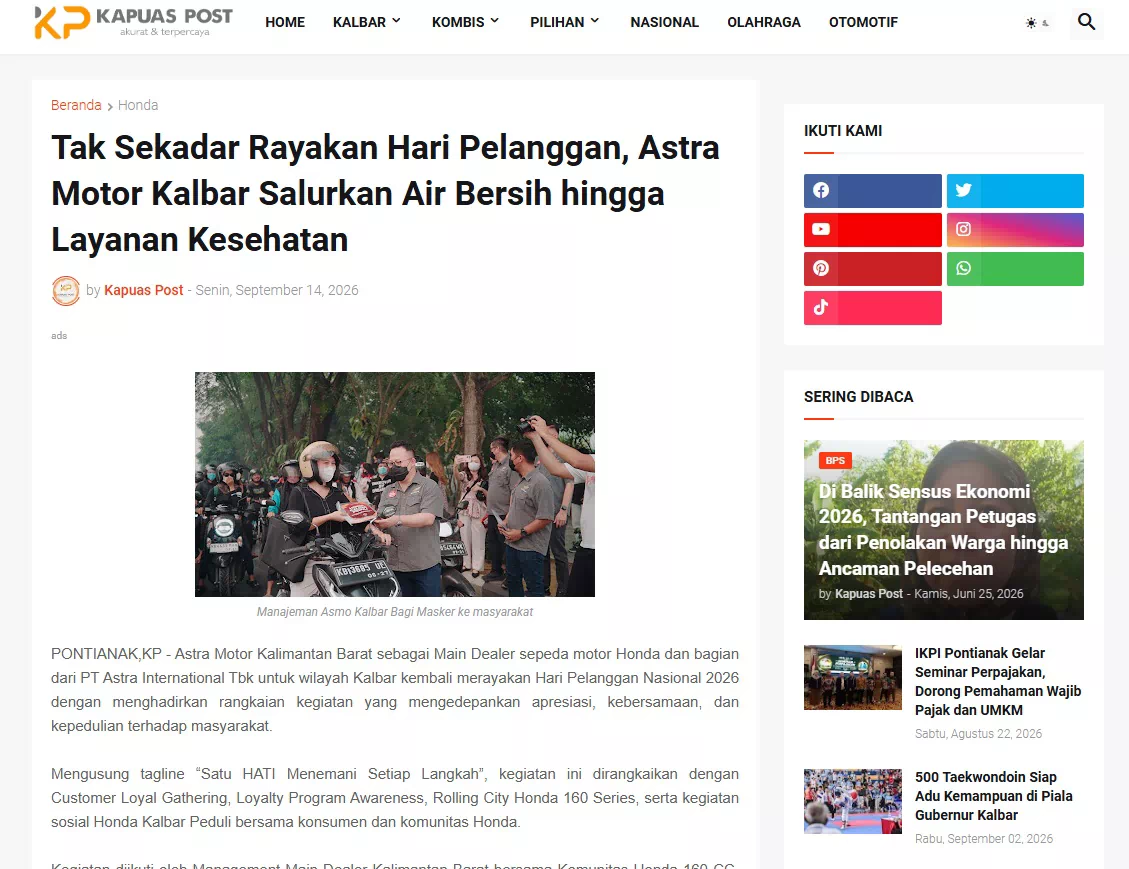 Tak Sekadar Rayakan Hari Pelanggan, Astra Motor Kalbar Salurkan Air Bersih hingga Layanan Kesehatan
