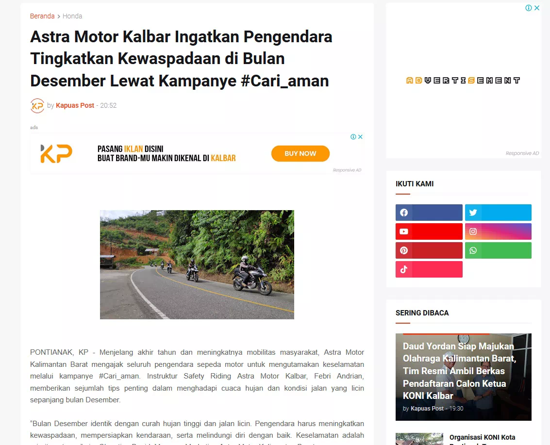 Astra Motor Kalbar Ingatkan Pengendara Tingkatkan Kewaspadaan di Bulan Desember Lewat Kampanye #Cari_aman