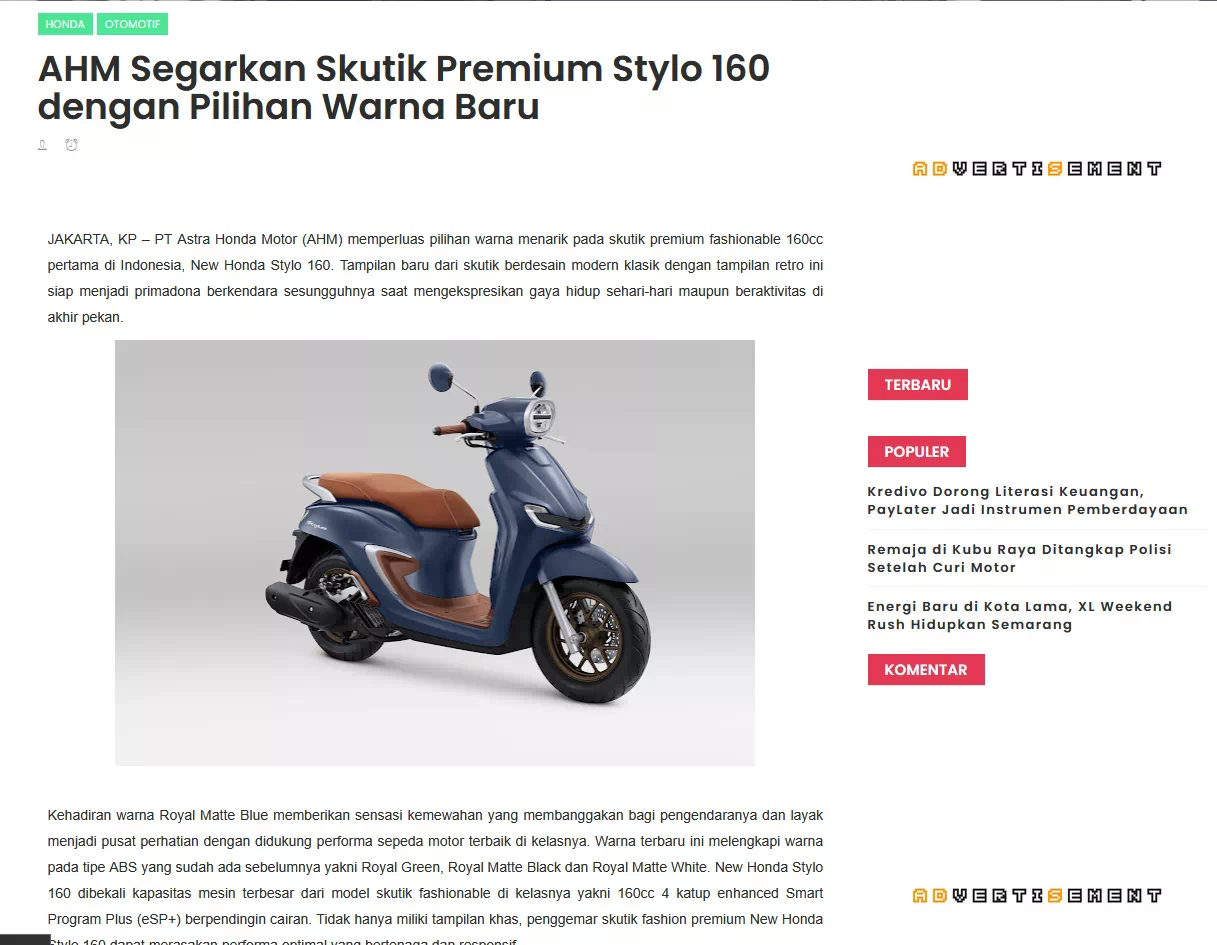 AHM Segarkan Skutik Premium Stylo 160 dengan Pilihan Warna Baru