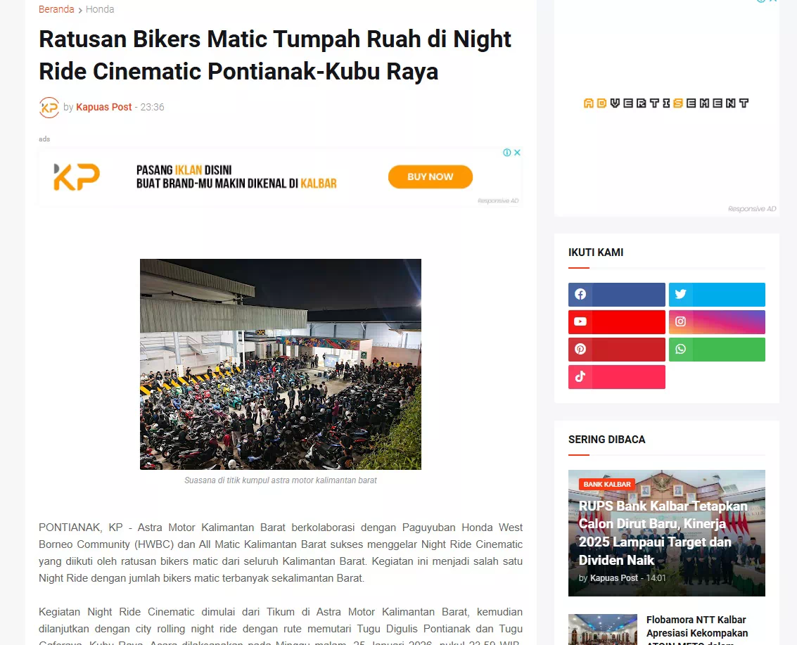 Ratusan Bikers Matic Tumpah Ruah di Night Ride Cinematic Pontianak-Kubu Raya