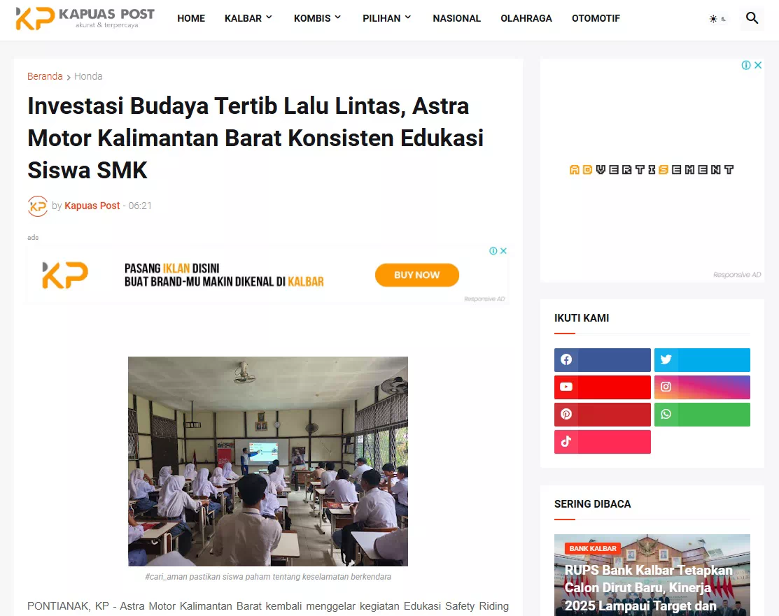 Investasi Budaya Tertib Lalu Lintas, Astra Motor Kalimantan Barat Konsisten Edukasi Siswa SMK