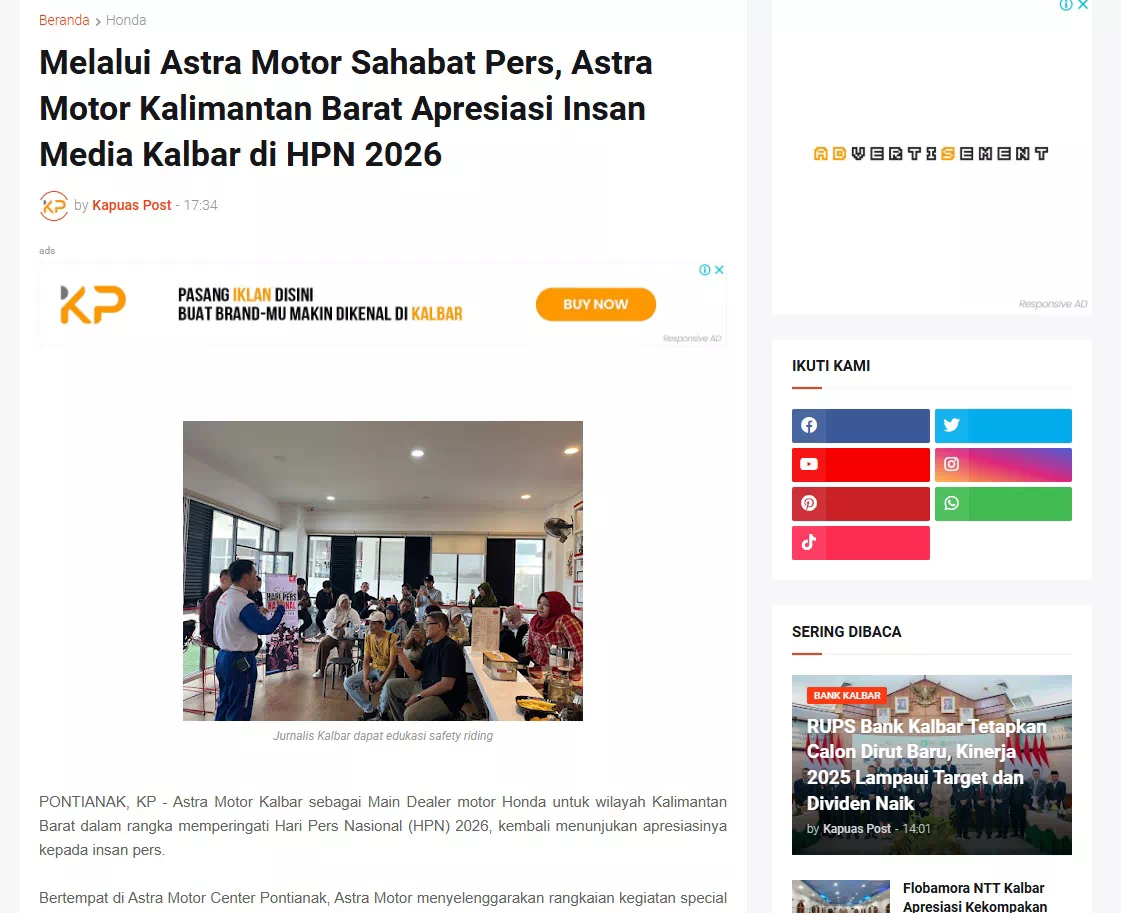 Melalui Astra Motor Sahabat Pers, Astra Motor Kalimantan Barat Apresiasi Insan Media Kalbar di HPN 2026