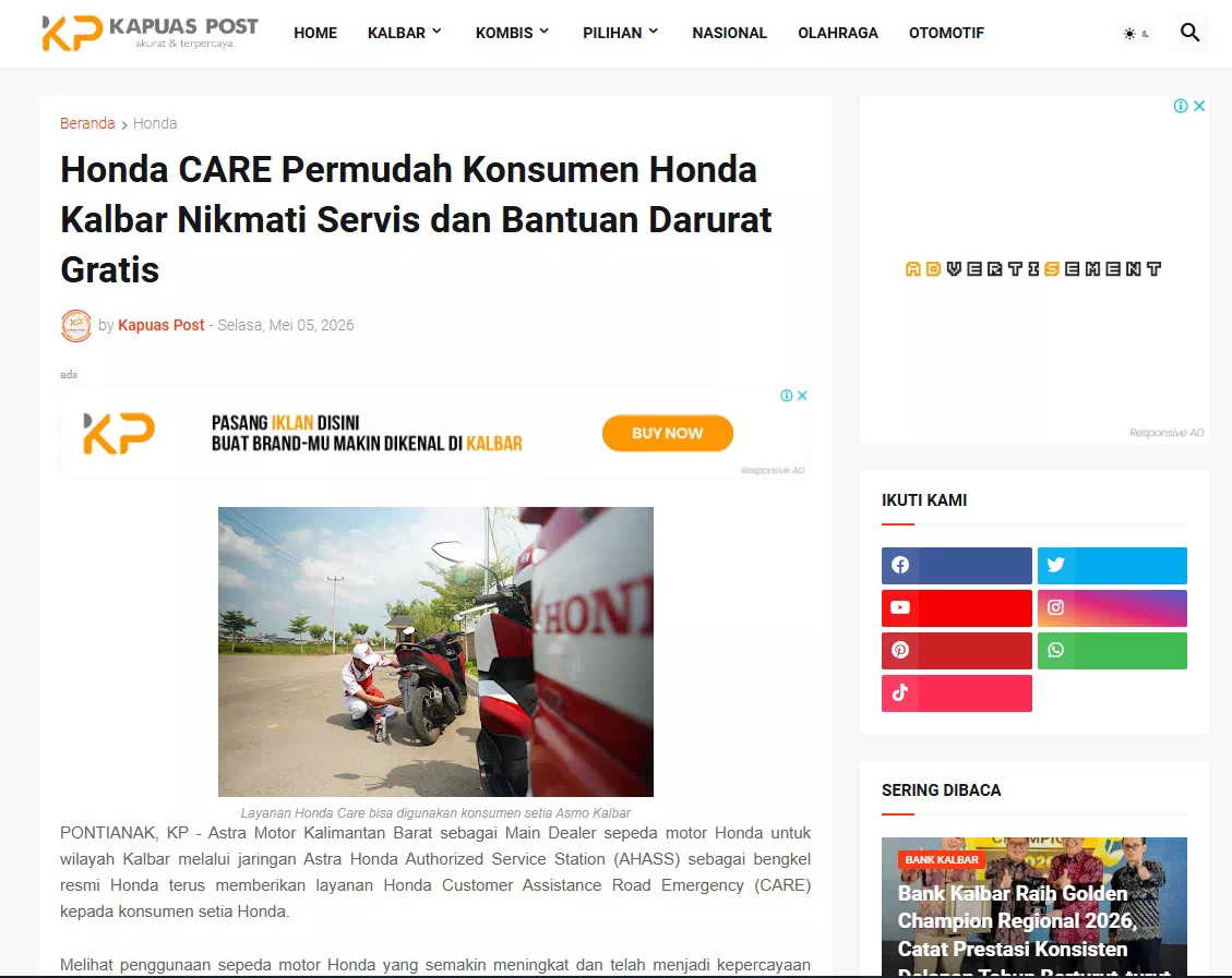 Honda CARE Permudah Konsumen Honda Kalbar Nikmati Servis dan Bantuan Darurat Gratis