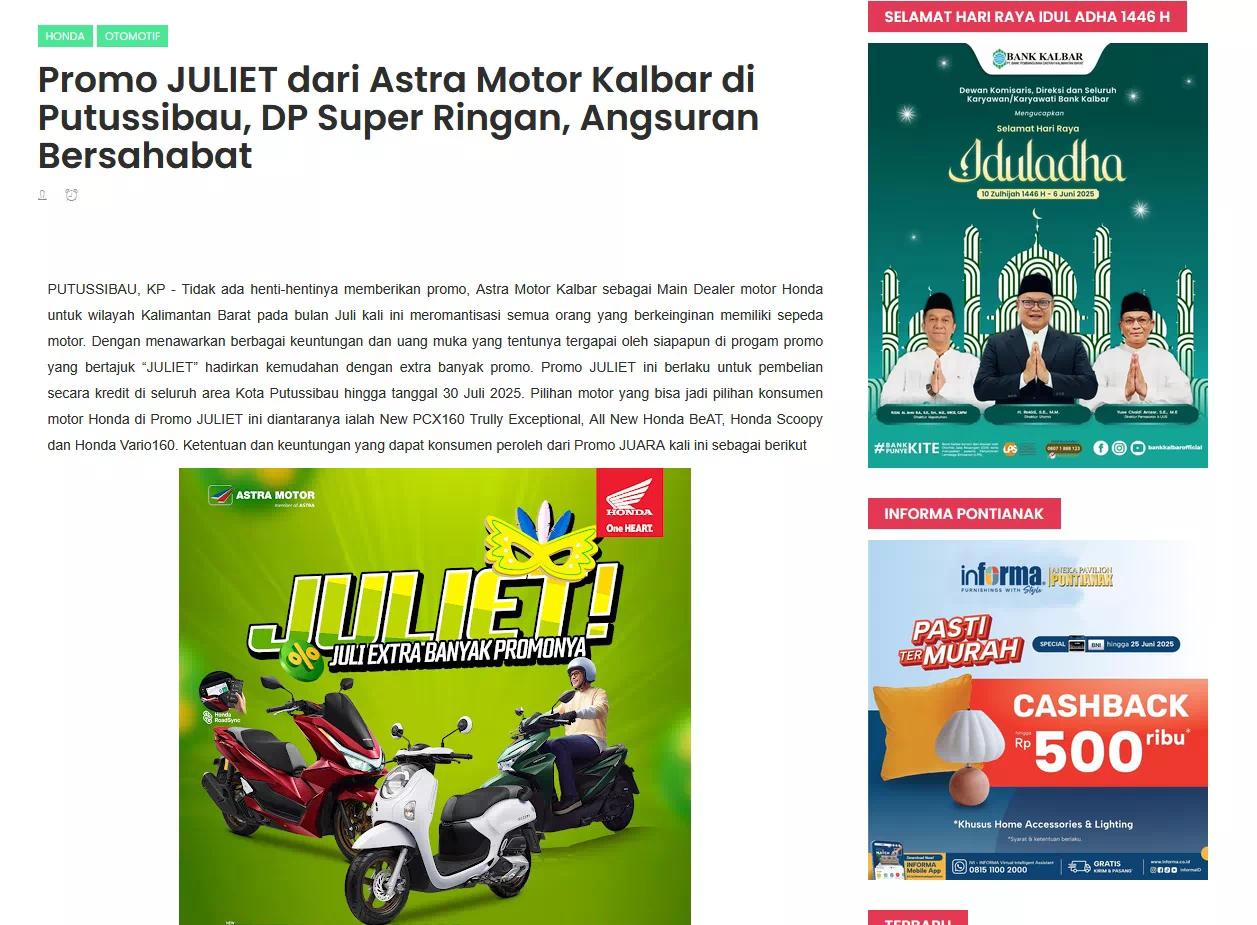 Promo JULIET dari Astra Motor Kalbar di Putussibau, DP Super Ringan, Angsuran Bersahabat