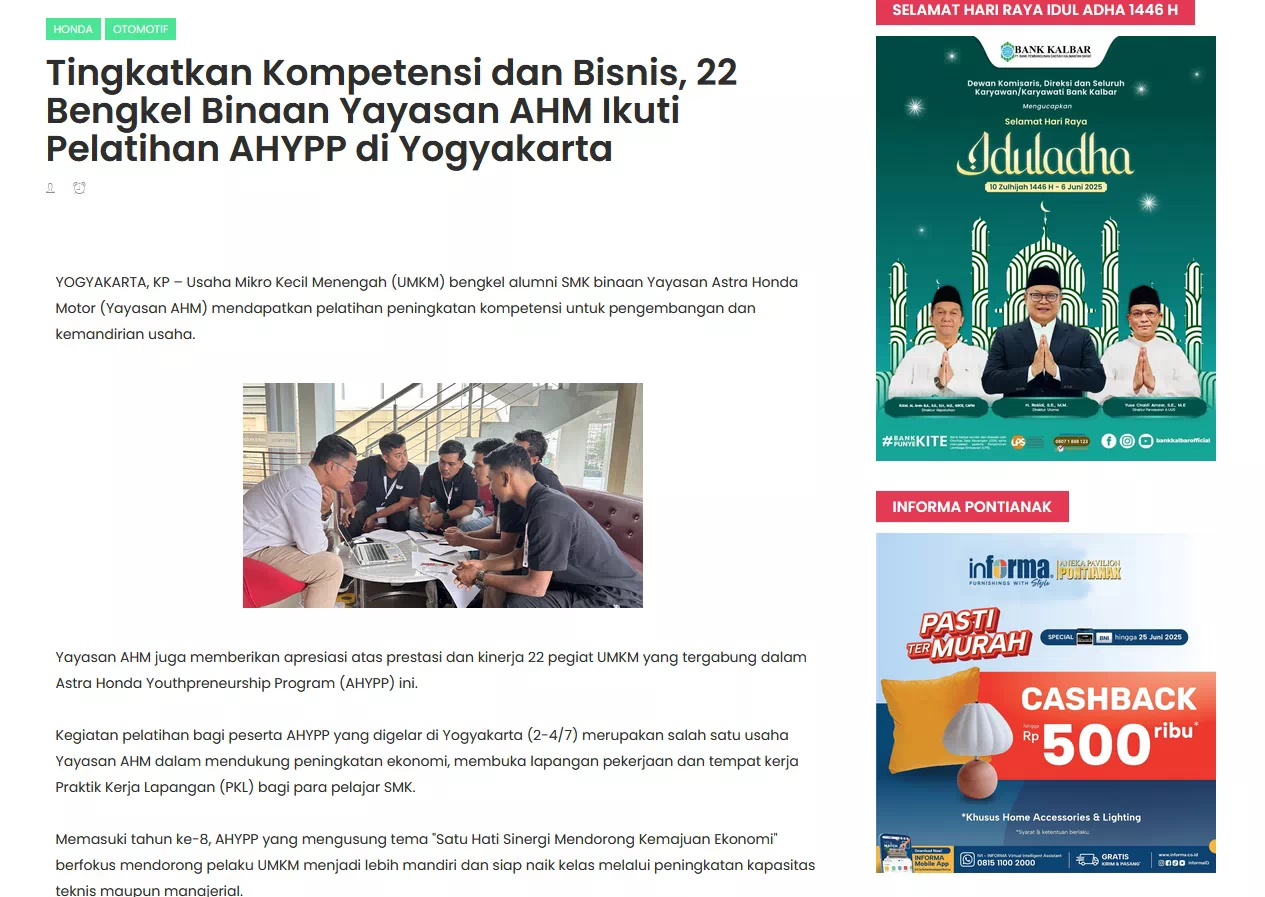 Tingkatkan Kompetensi dan Bisnis, 22 Bengkel Binaan Yayasan AHM Ikuti Pelatihan AHYPP di Yogyakarta