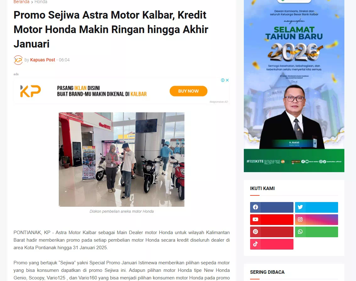 Promo Sejiwa Astra Motor Kalbar, Kredit Motor Honda Makin Ringan hingga Akhir Januari