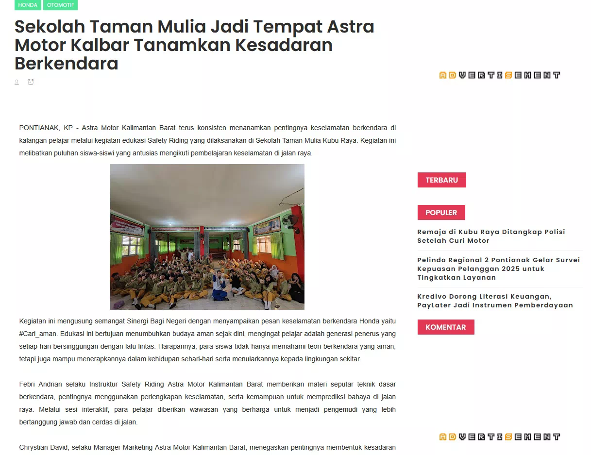 Sekolah Taman Mulia Jadi Tempat Astra Motor Kalbar Tanamkan Kesadaran Berkendara