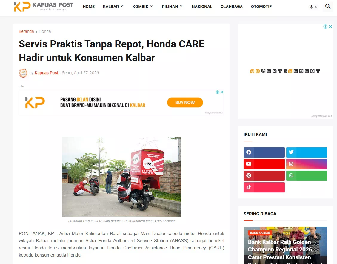 Servis Praktis Tanpa Repot, Honda CARE Hadir untuk Konsumen Kalbar