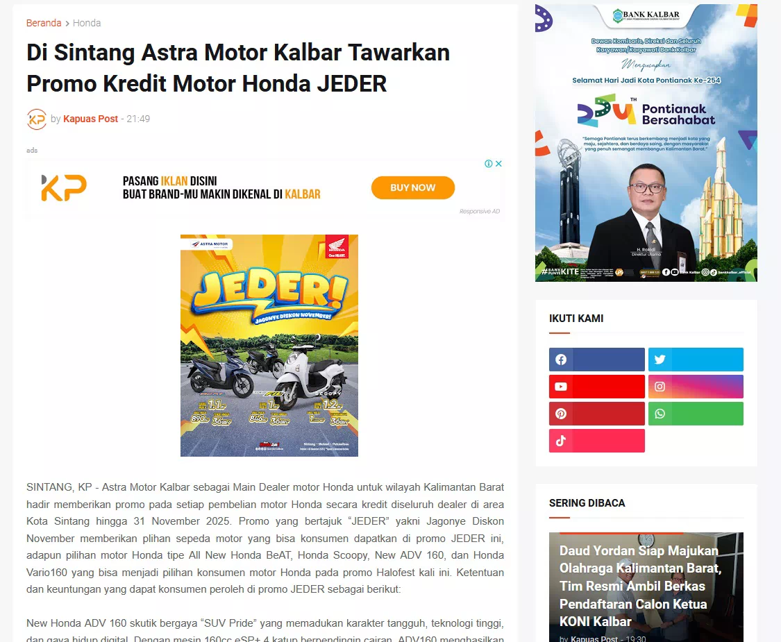 Di Sintang Astra Motor Kalbar Tawarkan Promo Kredit Motor Honda JEDER