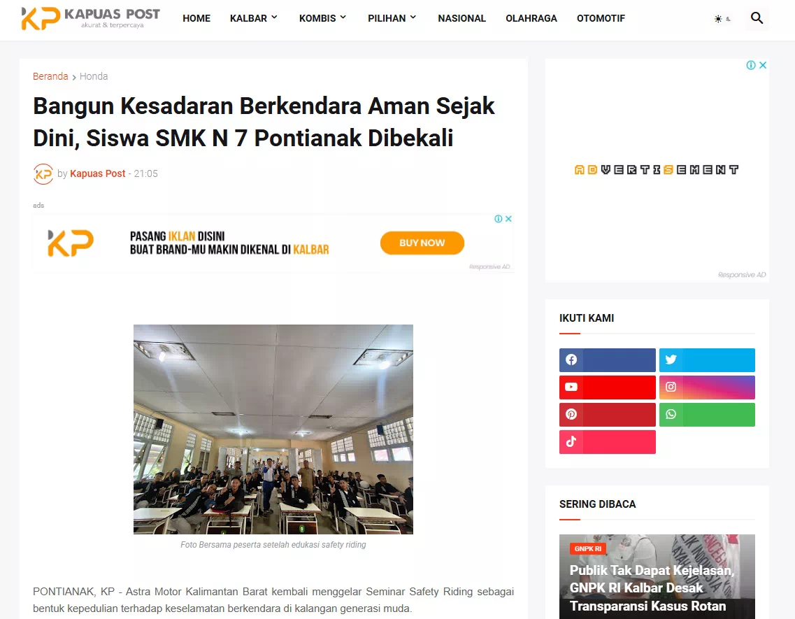 Bangun Kesadaran Berkendara Aman Sejak Dini, Siswa SMK N 7 Pontianak Dibekali