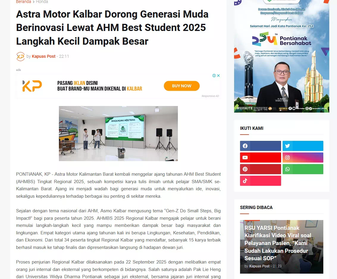 Astra Motor Kalbar Dorong Generasi Muda Berinovasi Lewat AHM Best Student 2025 Langkah Kecil Dampak Besar
