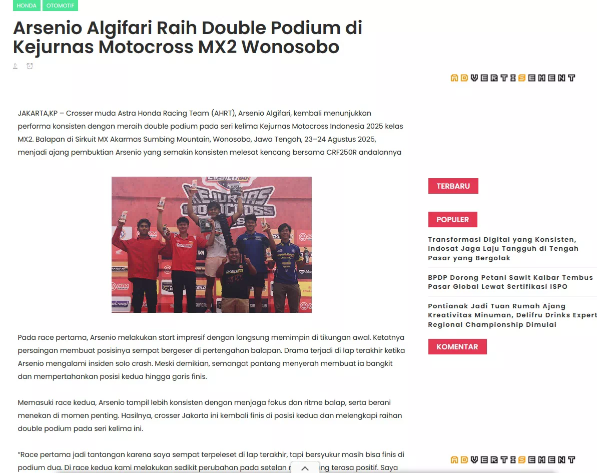 Arsenio Algifari Raih Double Podium di Kejurnas Motocross MX2 Wonosobo