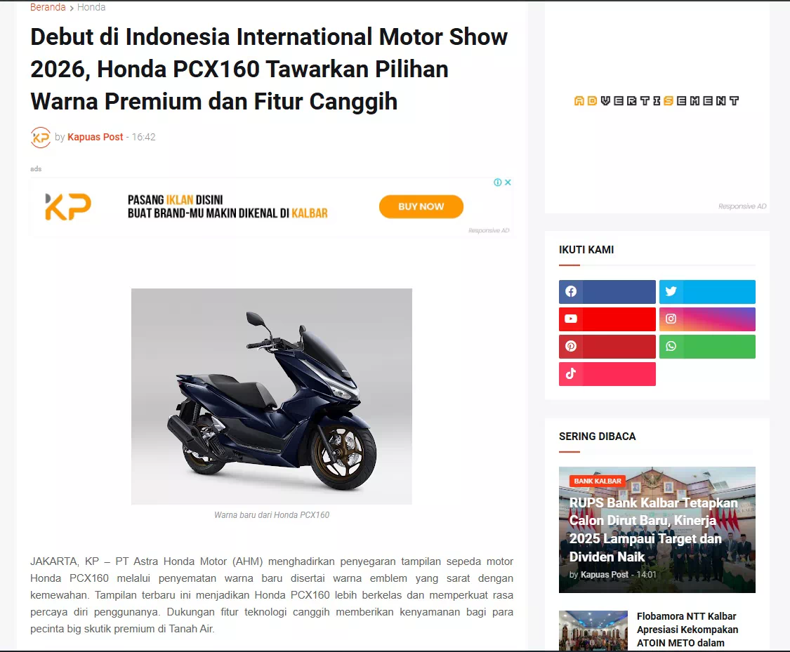 Debut di Indonesia International Motor Show 2026, Honda PCX160 Tawarkan Pilihan Warna Premium dan Fitur Canggih