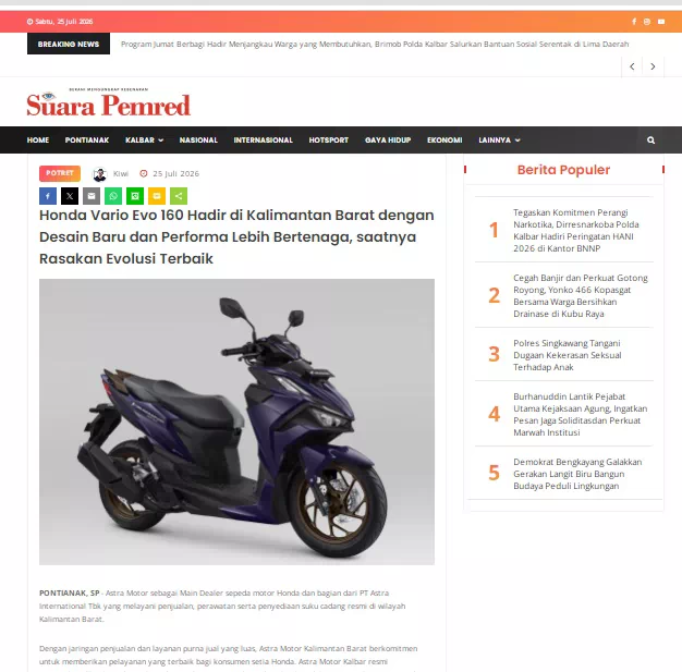 Honda Vario Evo 160 Hadir di Kalimantan Barat dengan Desain Baru dan Performa Lebih Bertenaga, saatnya Rasakan Evolusi Terbaik