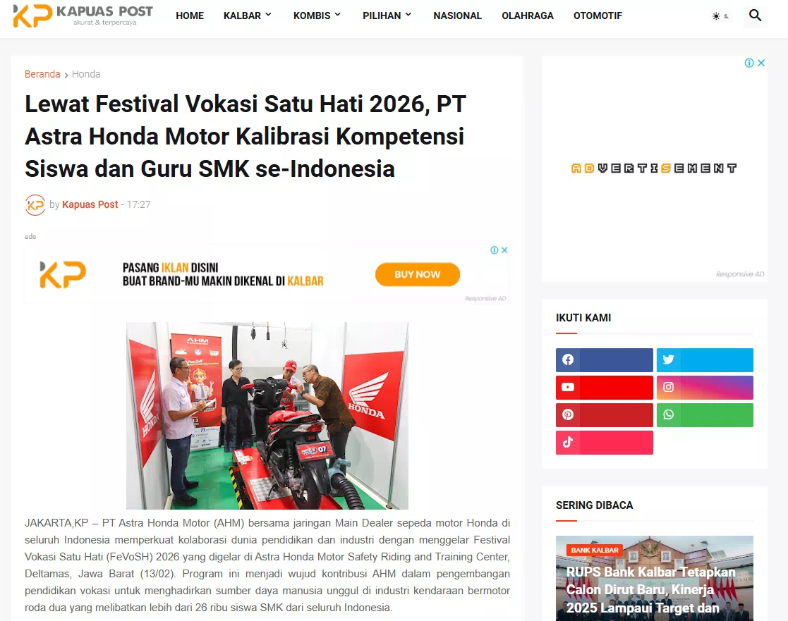 Lewat Festival Vokasi Satu Hati 2026, PT Astra Honda Motor Kalibrasi Kompetensi Siswa dan Guru SMK se-Indonesia