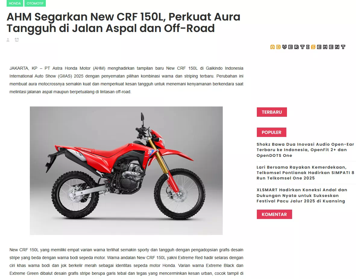 AHM Segarkan New CRF 150L, Perkuat Aura Tangguh di Jalan Aspal dan Off-Road