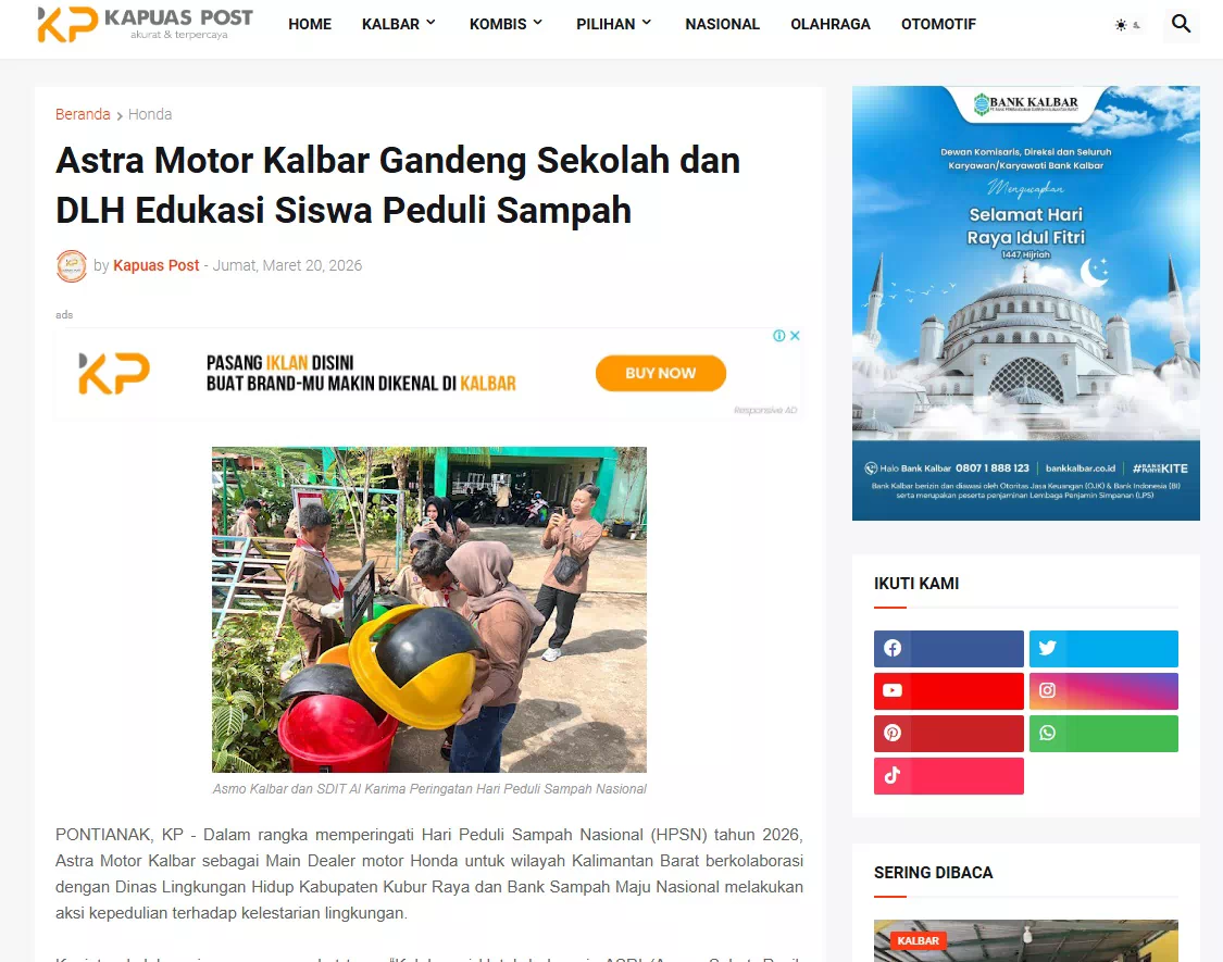 Astra Motor Kalbar Gandeng Sekolah dan DLH Edukasi Siswa Peduli Sampah