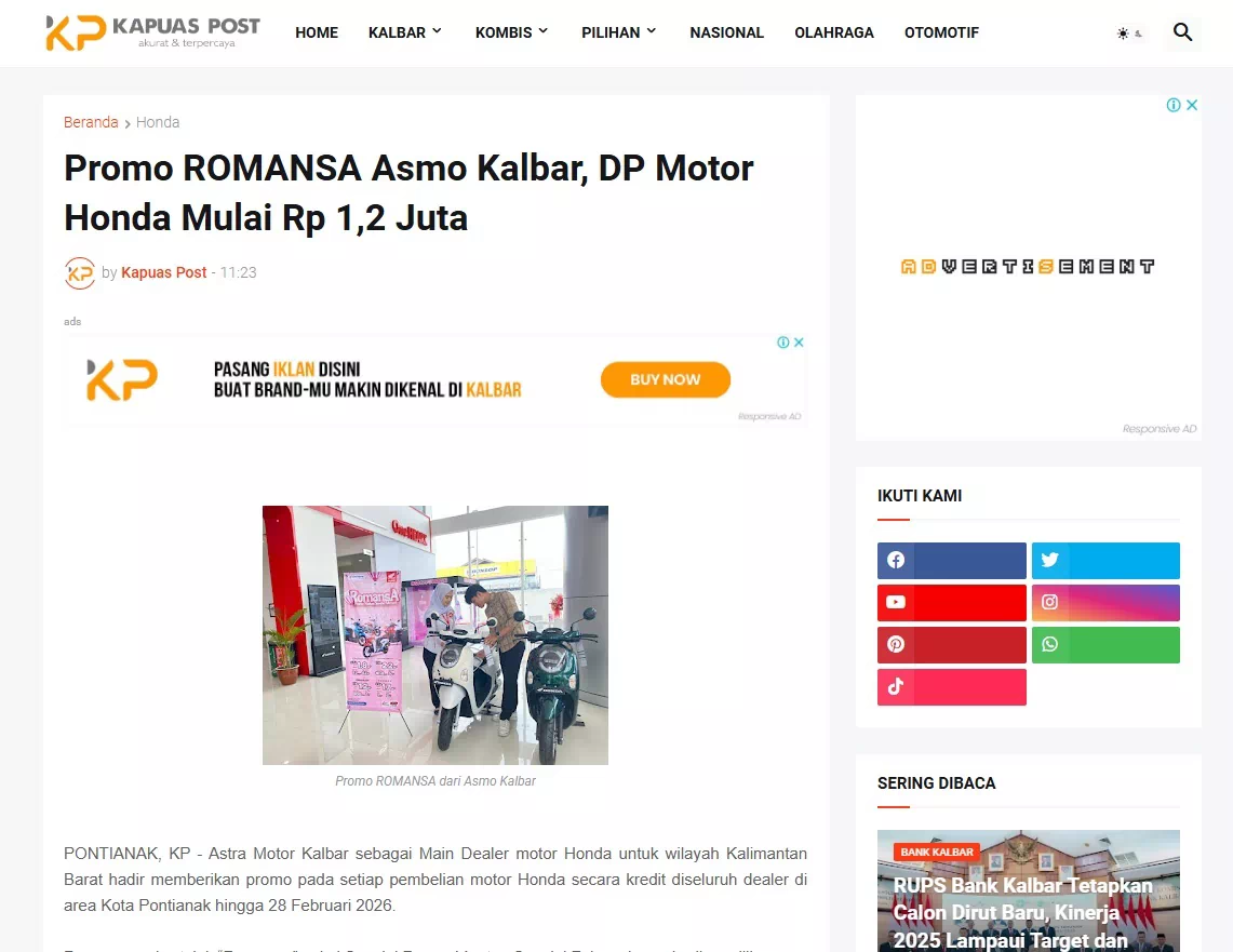 Promo ROMANSA Asmo Kalbar, DP Motor Honda Mulai Rp 1,2 Juta