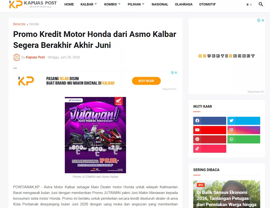 Promo Kredit Motor Honda dari Asmo Kalbar Segera Berakhir Akhir Juni