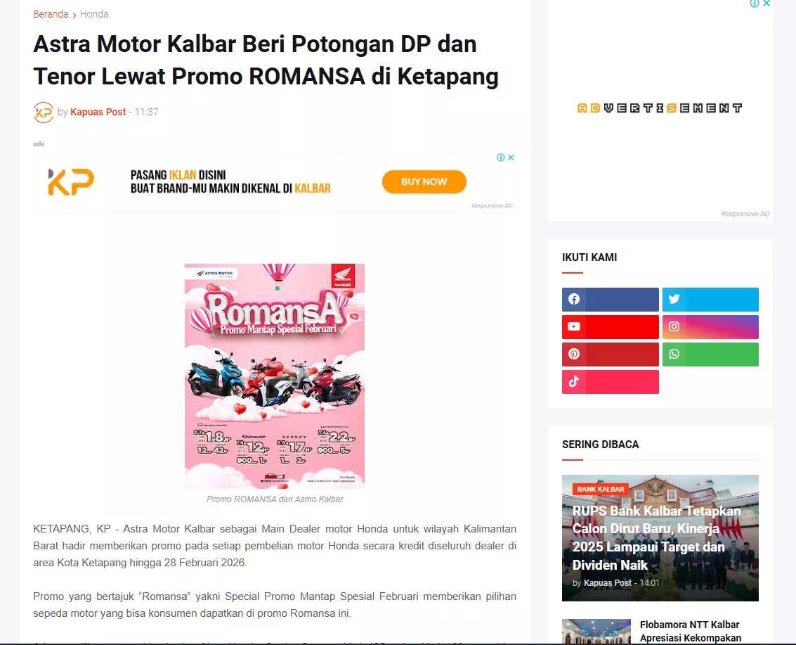 Astra Motor Kalbar Beri Potongan DP dan Tenor Lewat Promo ROMANSA di Ketapang