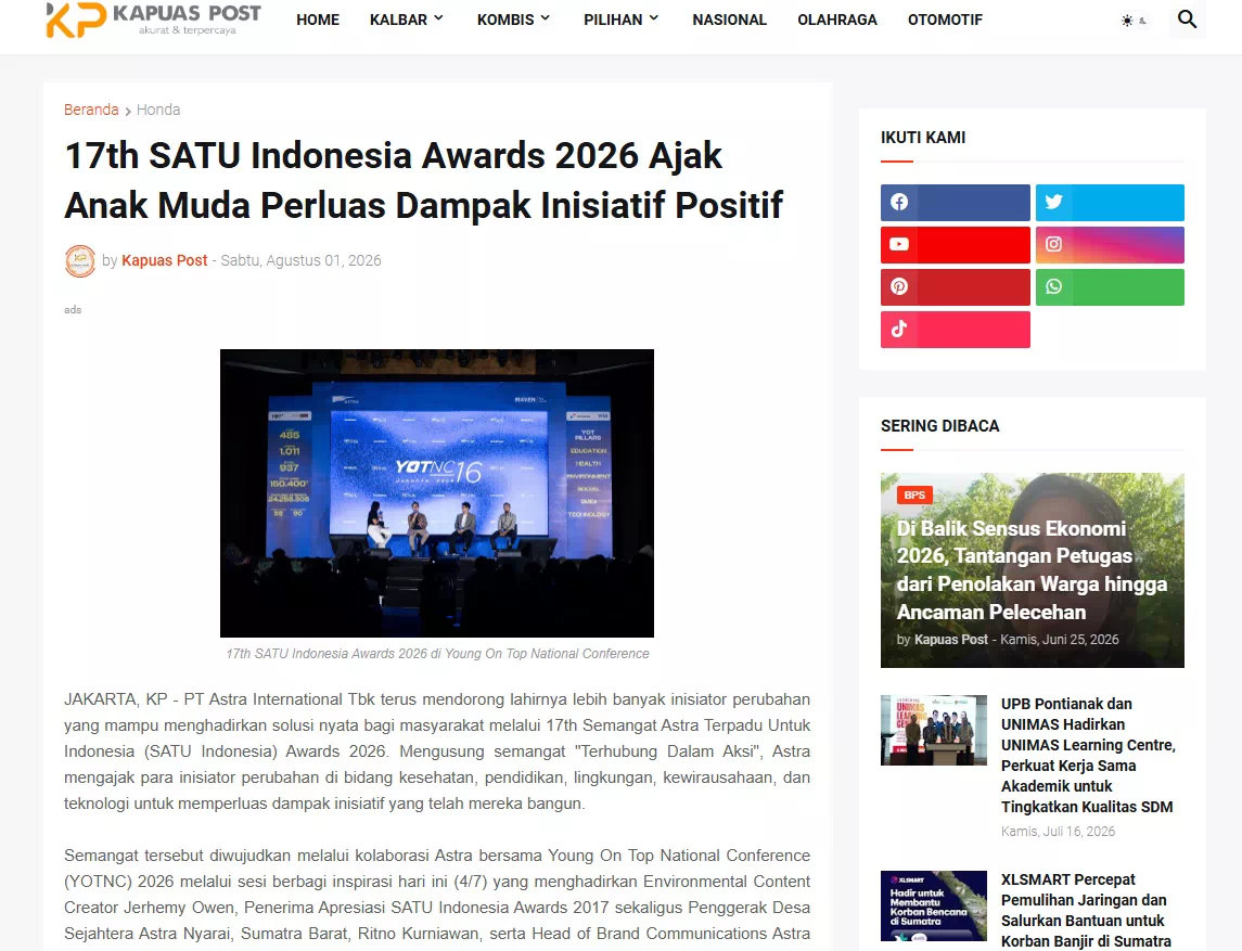 17th SATU Indonesia Awards 2026 Ajak Anak Muda Perluas Dampak Inisiatif Positif