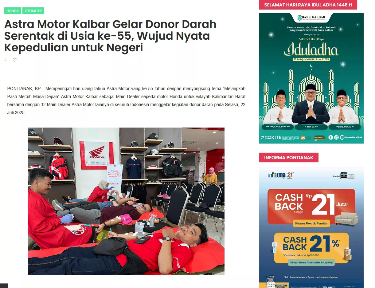 Astra Motor Kalbar Gelar Donor Darah Serentak di Usia ke-55, Wujud Nyata Kepedulian untuk Negeri