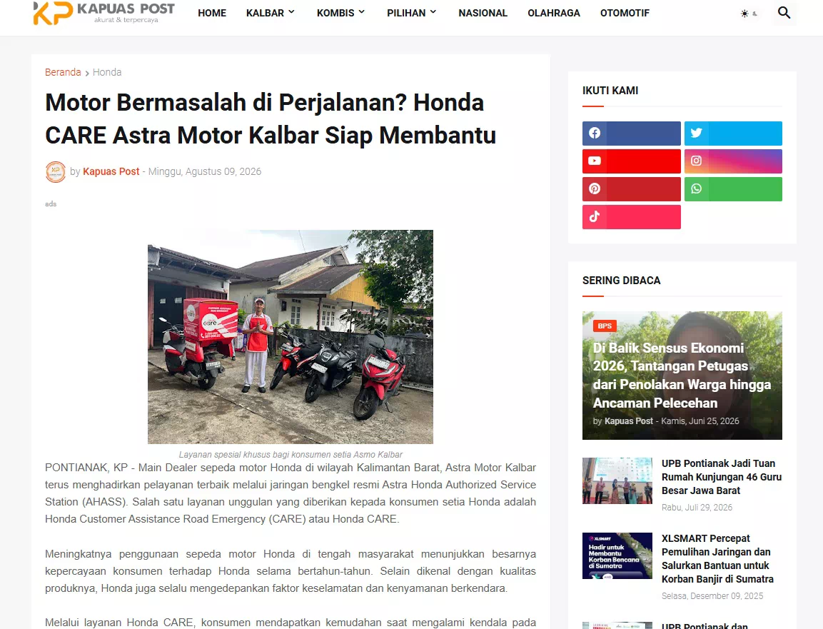 Motor Bermasalah di Perjalanan? Honda CARE Astra Motor Kalbar Siap Membantu